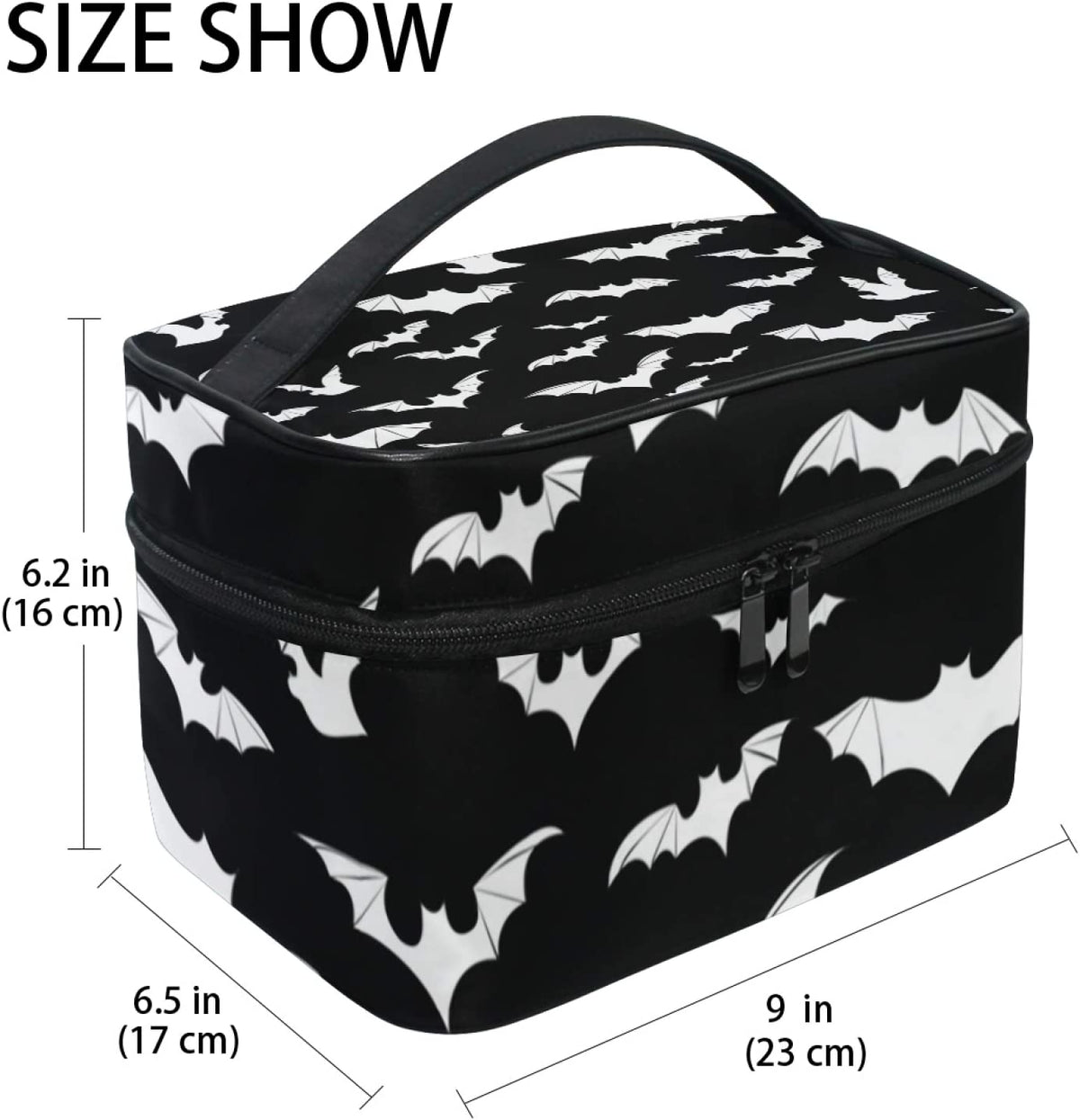 Bolsa portátil organizadora de maquillaje con temática de murciélago en blanco y negro, vista desde arriba.