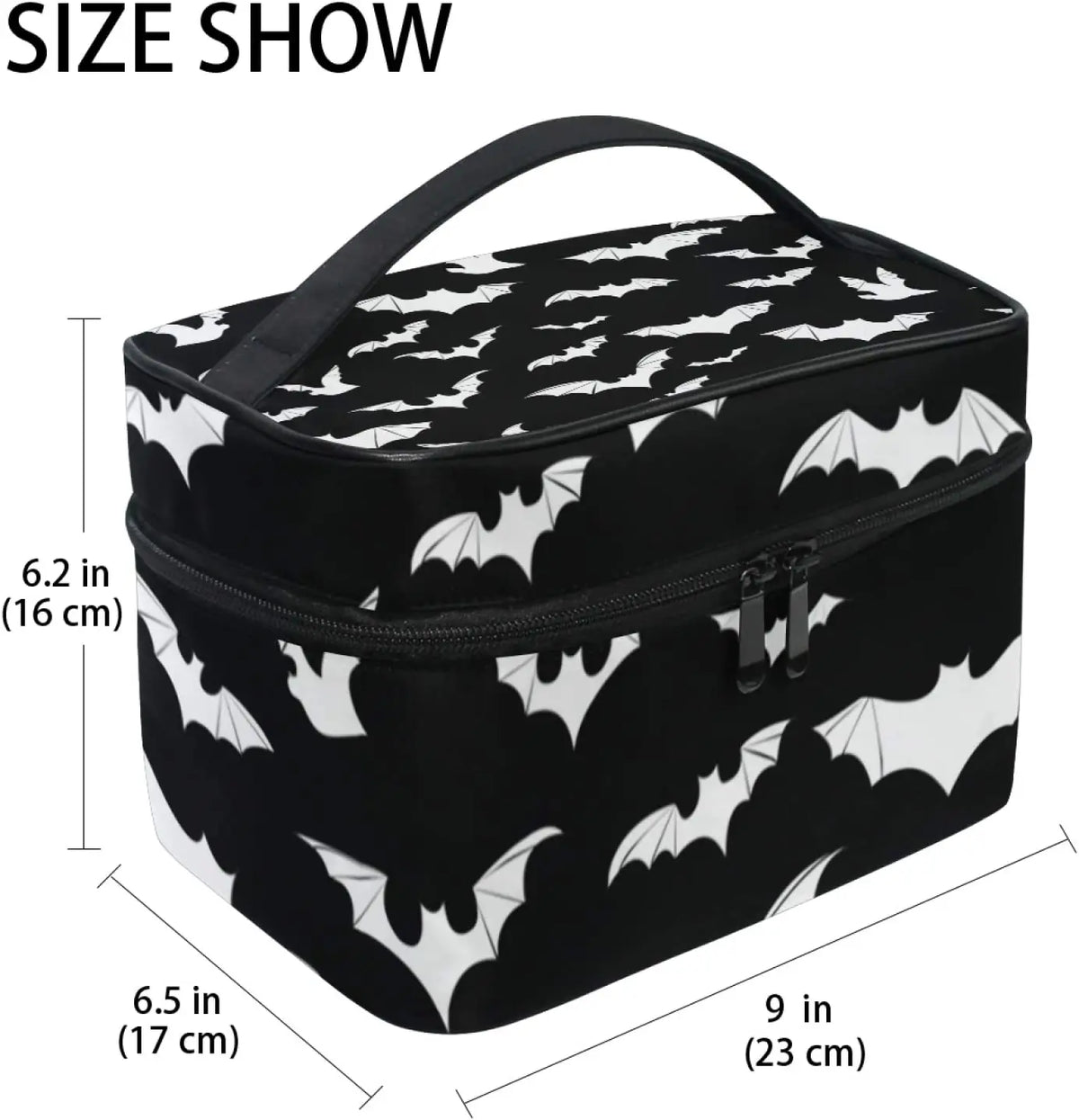 Bolsa portátil para maquillaje con temática de murciélago, vista desde arriba.