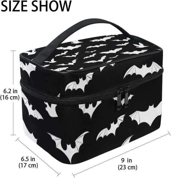 A black and white bat-themed portable travel makeup organizer bag shown from above.
