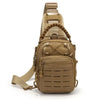 A tan tactical sling bag with a webbing strap and multiple pockets is shown from the back.
