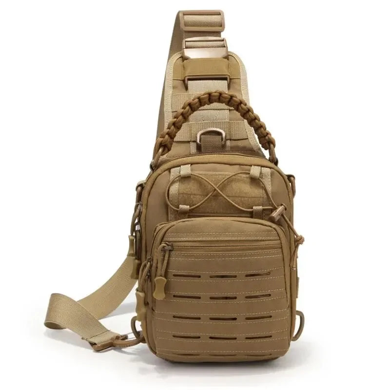 A tan tactical sling bag with a webbing strap and multiple pockets is shown from the back.