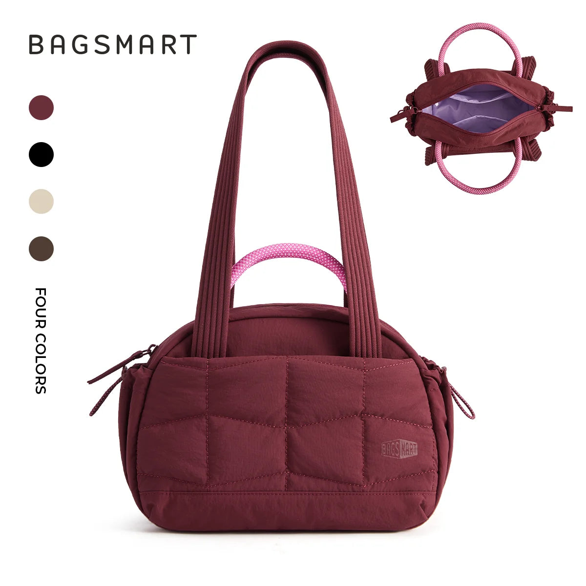 Bolso acolchado de color granate con correa rosa y bolsa de cordón a juego rosa.