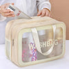 A beige pouch with a clear window is shown next to a skincare product bottle and a hand, used for dry-wet separation.