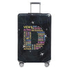 A black stretch fabric luggage protection cover with silver handles and wheels.