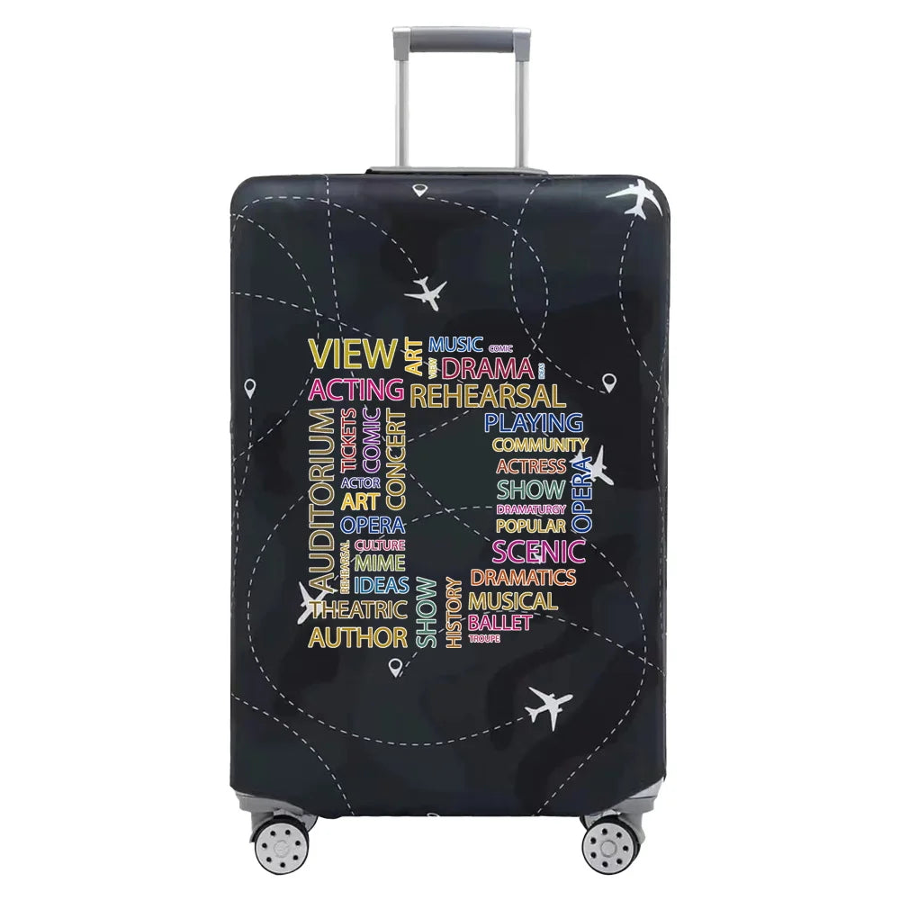A black stretch fabric luggage protection cover with silver handles and wheels.