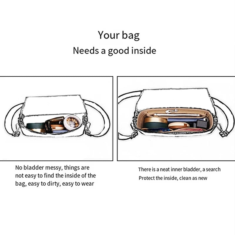 A felt bag insert organizer showing the inside of a handbag with various compartments and accessories.