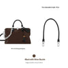 A dark brown synthetic leather shoulder bag with a silver buckle and chain strap.