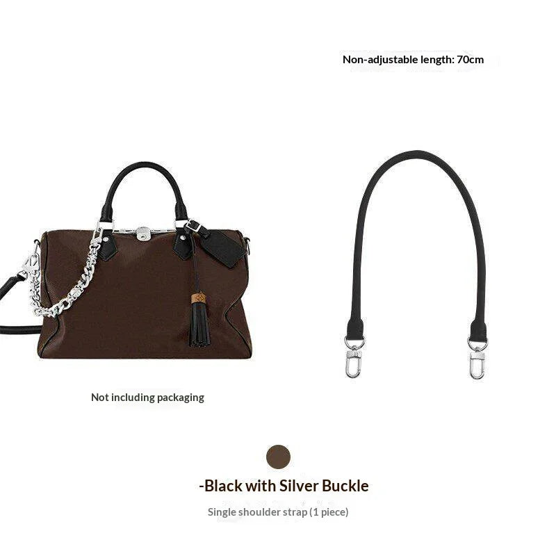 A dark brown synthetic leather shoulder bag with a silver buckle and chain strap.