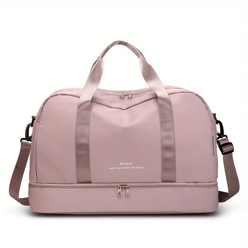 A light pink expandable nylon travel duffle bag with padded straps shown from the front.