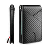 Portefeuille slim à deux plis en fibre de carbone noire pour homme, vu en position verticale et pliée