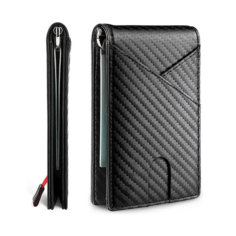 Portefeuille slim à deux plis en fibre de carbone noire pour homme, vu en position verticale et pliée