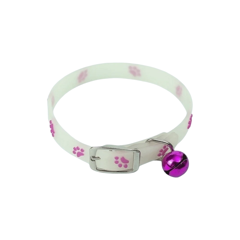 A white glow-in-the-dark pet collar for dogs and cats with a purple charm.