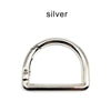 A silver D-shape metal spring ring clasp for bags and keychains.