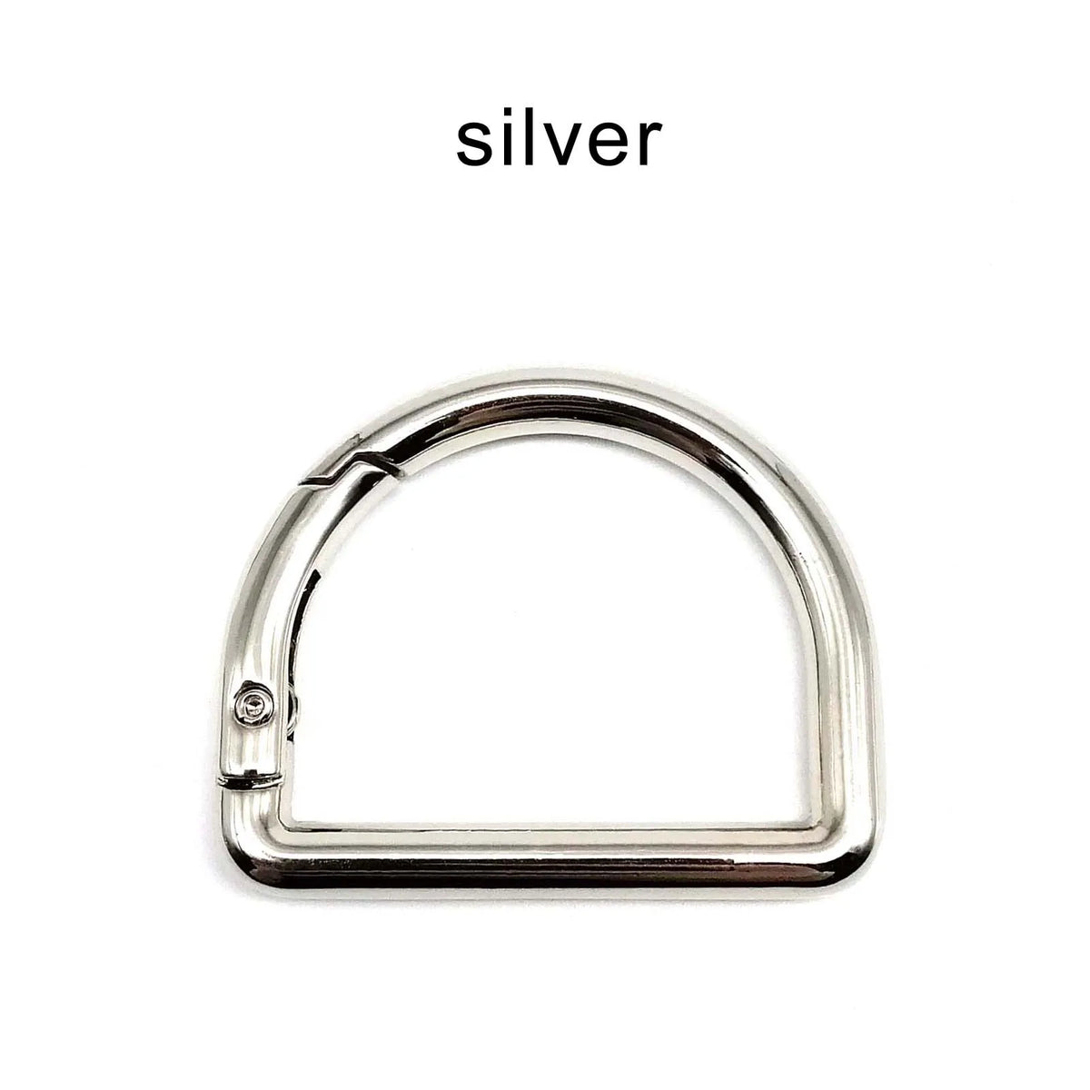 A silver D-shape metal spring ring clasp for bags and keychains.