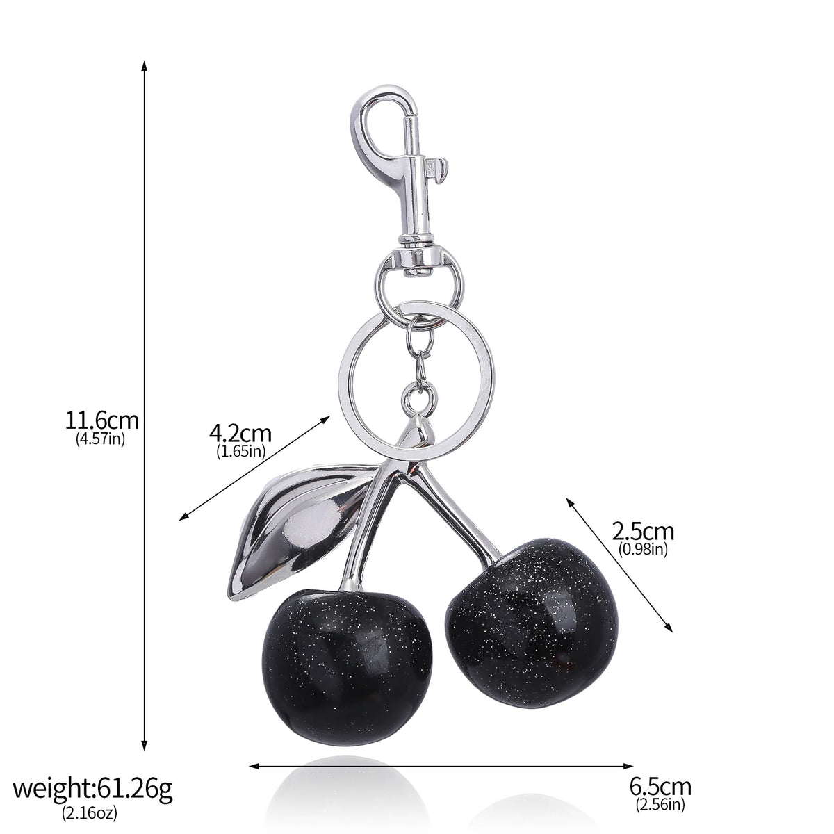 Silver crystal cherry fruit keychain with a hook and a spherical fruit charm