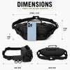 Side and back views of a black tactical sling waist pack for outdoor adventures with dimensions shown.