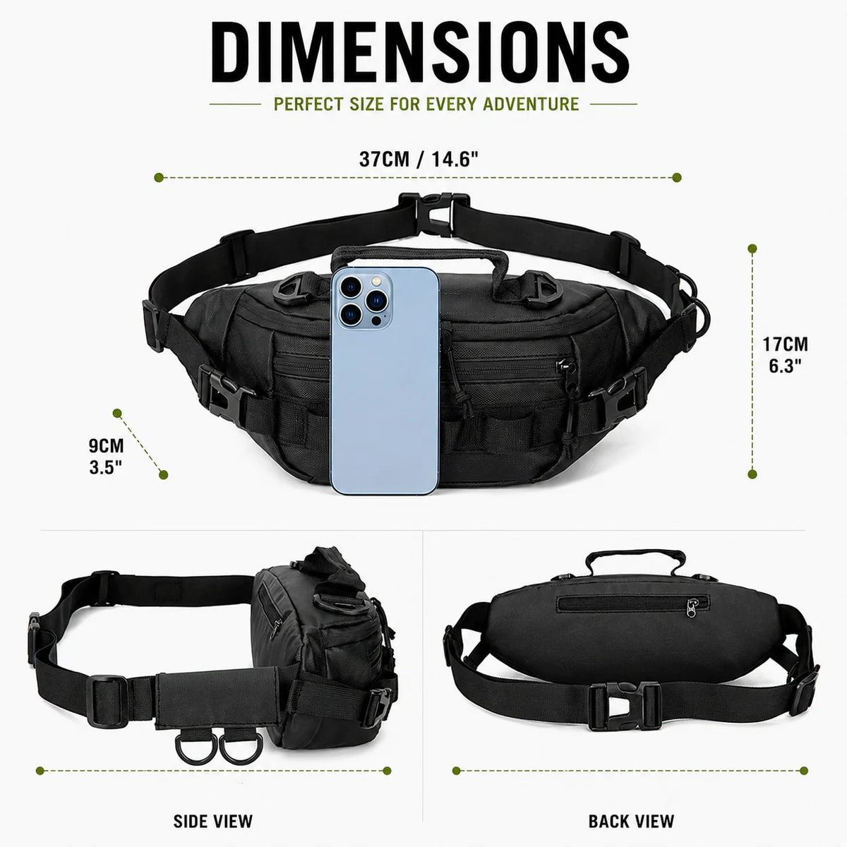 Side and back views of a black tactical sling waist pack for outdoor adventures with dimensions shown.