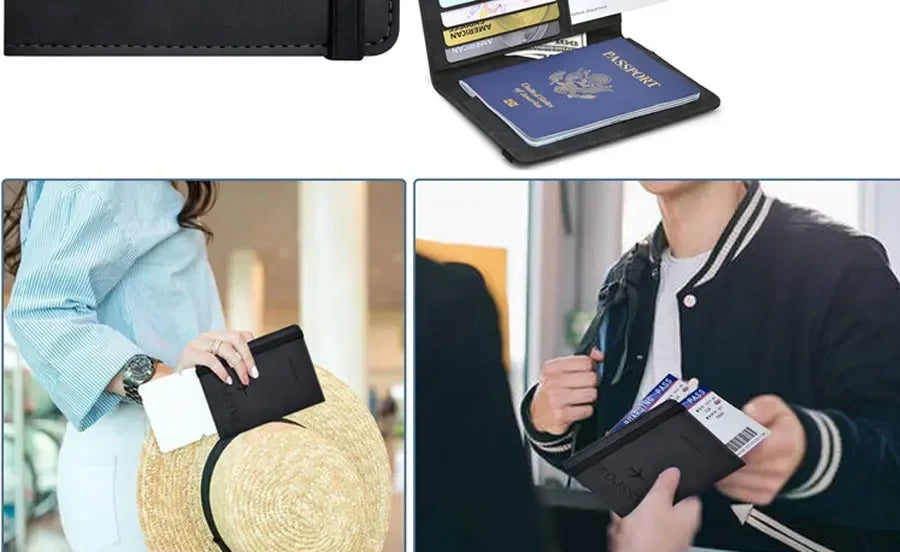 A black elegant PU leather passport holder wallet is shown next to a passport and being held by a person.