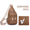 Brown PU leather women's crossbody chest bag with an earphone hole feature