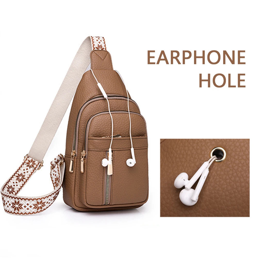 Brown PU leather women's crossbody chest bag with an earphone hole feature