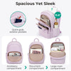 A pink quilted backpack with multiple compartments and exterior pockets shown in various views.
