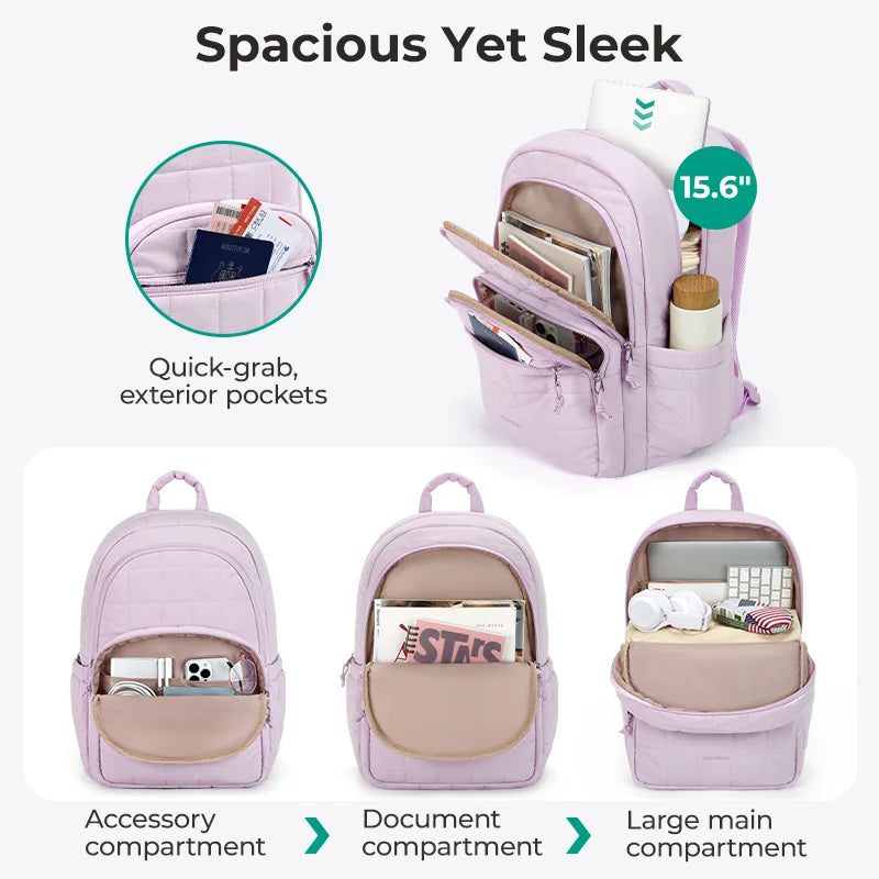 A pink quilted backpack with multiple compartments and exterior pockets shown in various views.