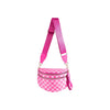 A bright pink checkered multi-functional waist bag with a pink strap.