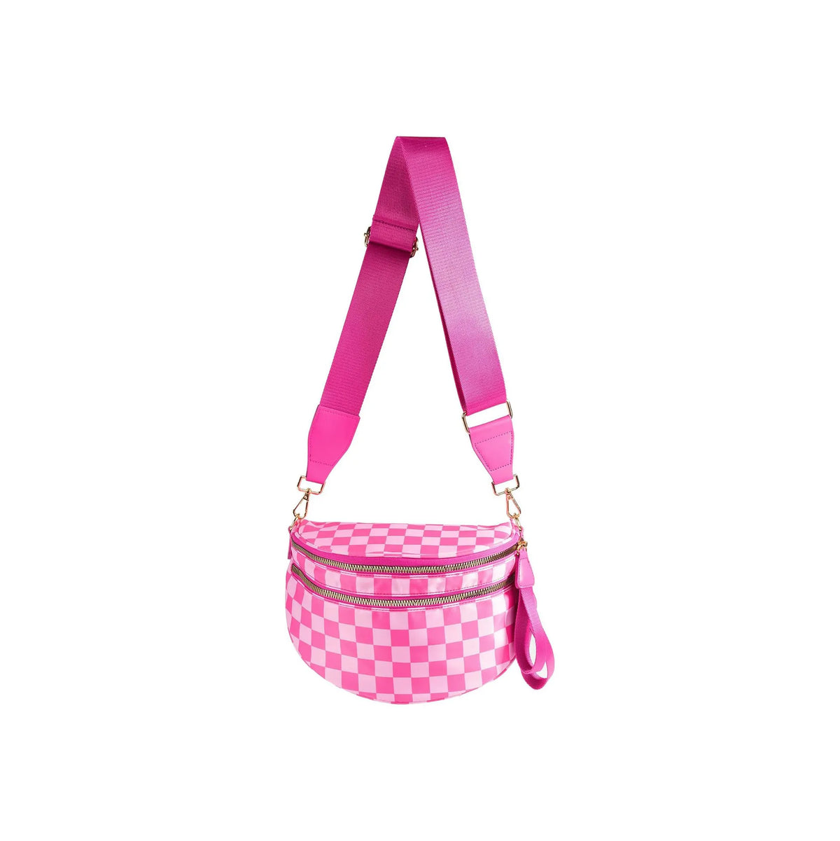 A bright pink checkered multi-functional waist bag with a pink strap.