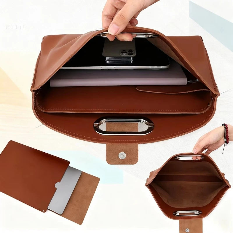 A brown leather laptop briefcase is shown open, displaying a silver laptop and a separate leather sleeve.