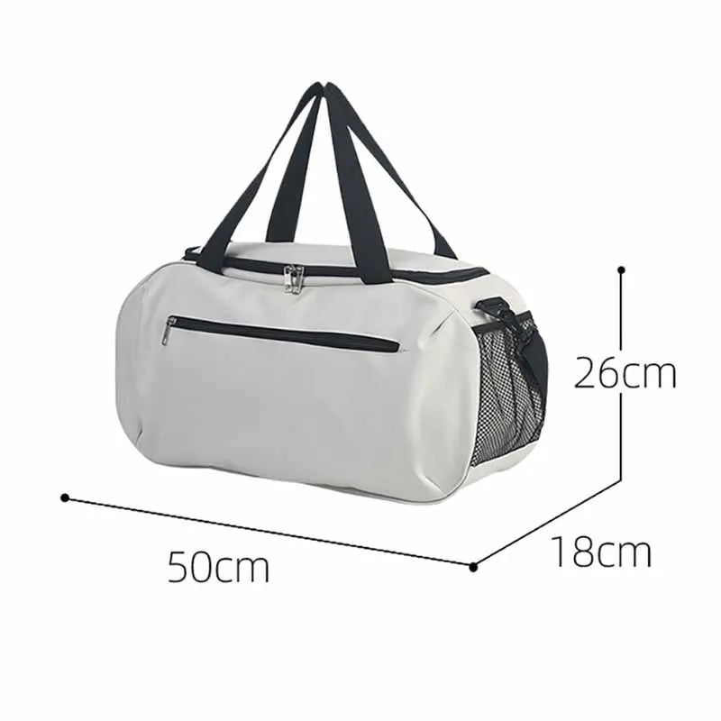 A white waterproof sports duffel bag with black straps and a mesh pocket shown from the side.