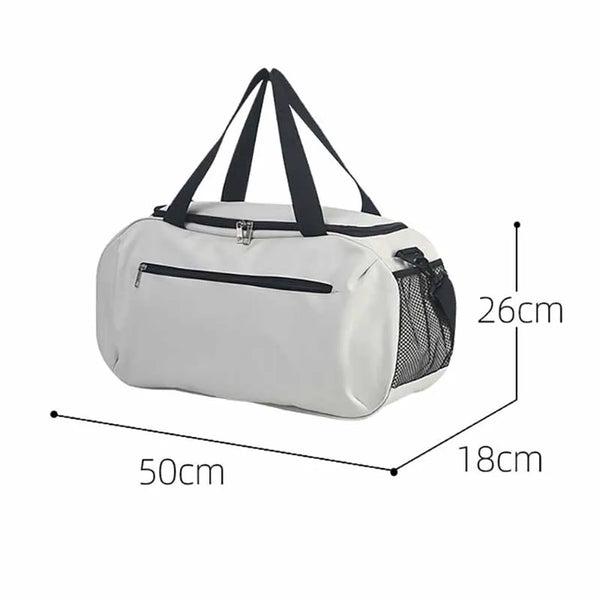A white waterproof sports duffel bag with black straps and a mesh pocket shown from the side.