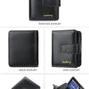 A variety of black leather card holder wallets shown in different display angles including positive back side and cabinet vie