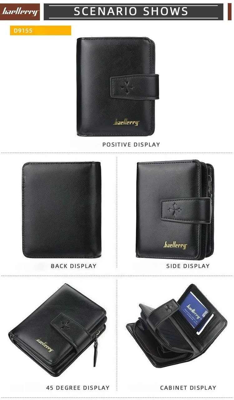 A variety of black leather card holder wallets shown in different display angles including positive back side and cabinet vie