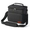Black insulated thermal lunch bag with a carrying strap and zipper closure