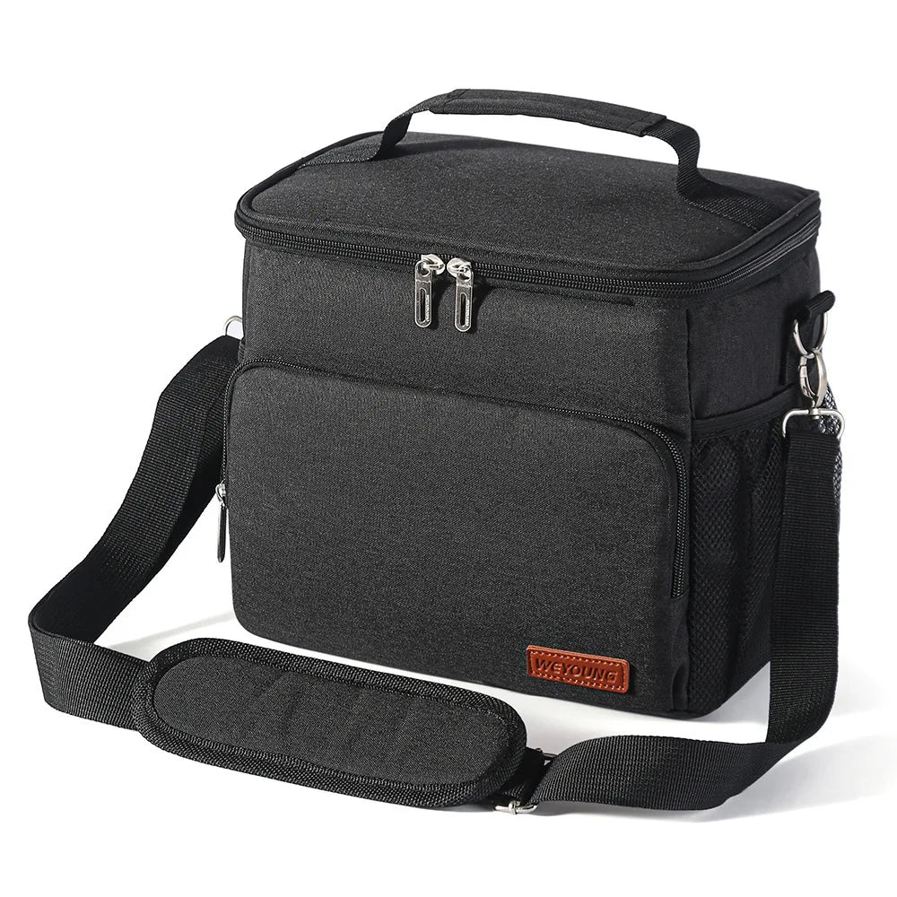Black insulated thermal lunch bag with a carrying strap and zipper closure