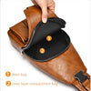 A brown PU leather belt sling chest bag showing the main compartment and inner layer compartment.
