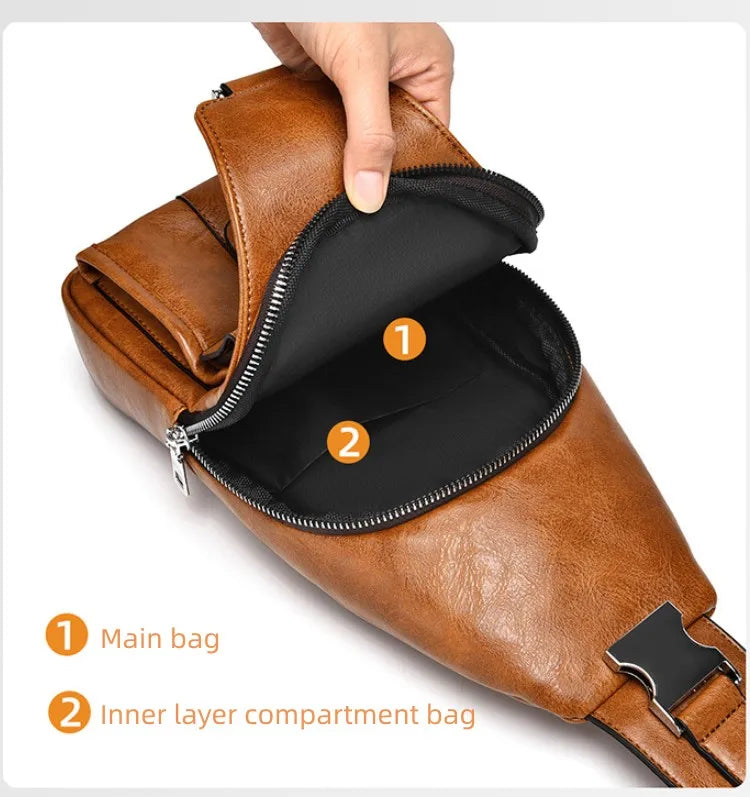 A brown PU leather belt sling chest bag showing the main compartment and inner layer compartment.