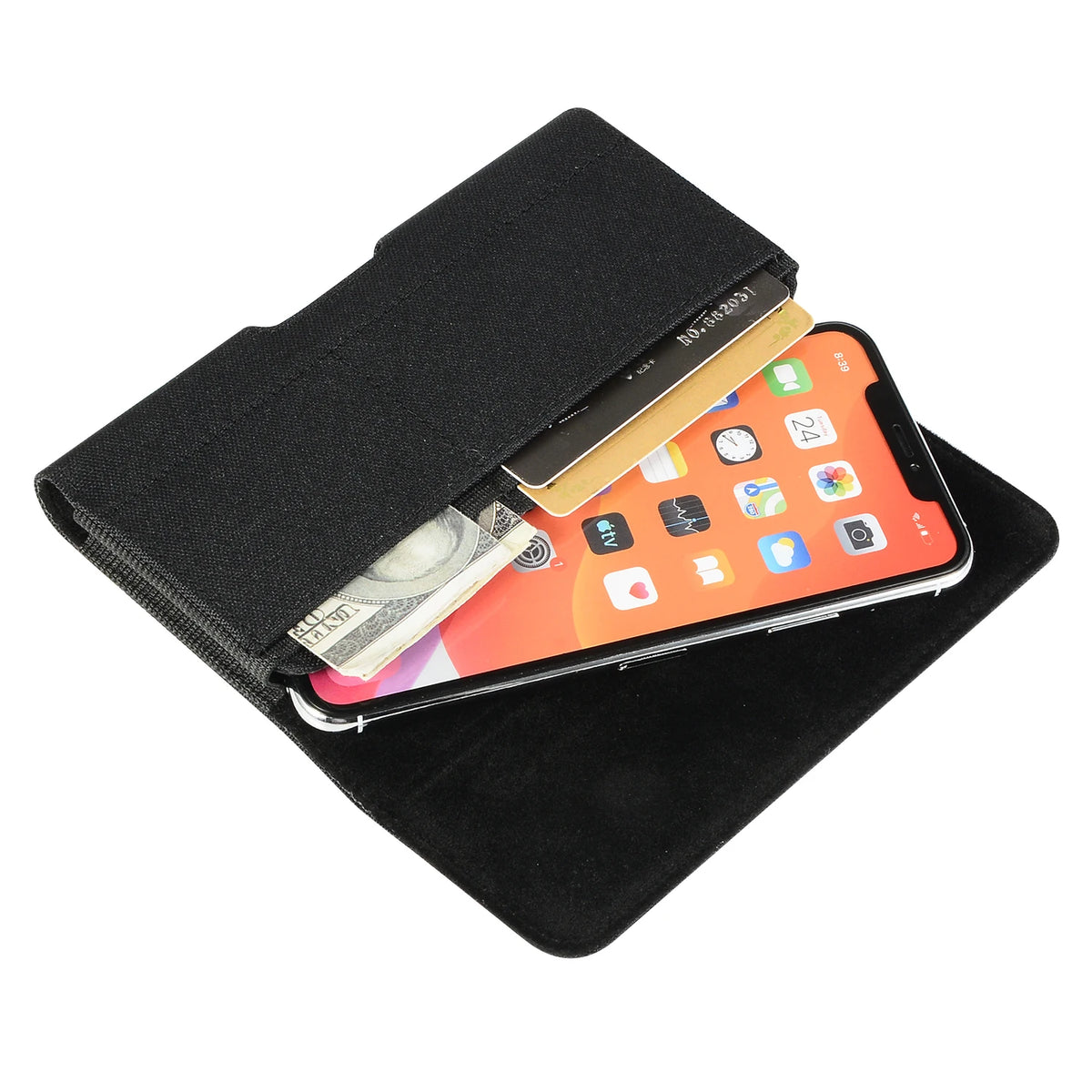 Black nylon phone pouch with a belt clip holding a smartphone and cards.