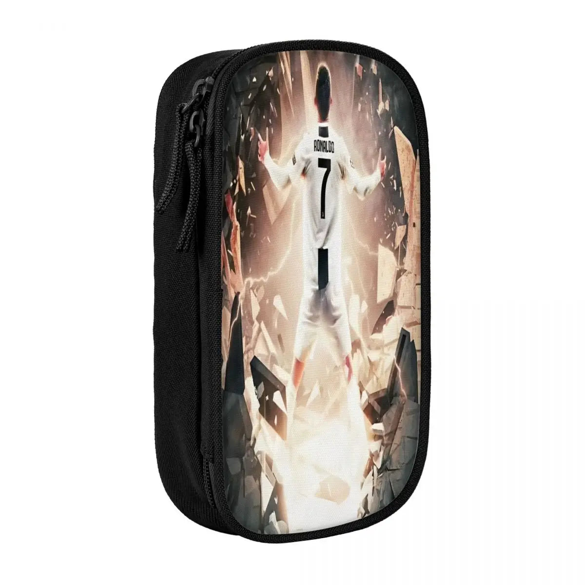 Black pencil case featuring a graphic of a soccer player in a white jersey with the number 7