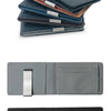 A stack of dark blue and brown leather bifold wallets and a single gray leather card holder.