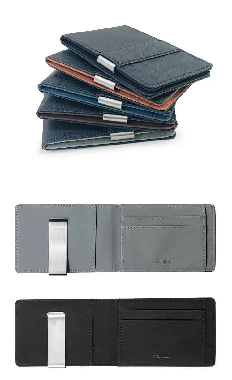 A stack of dark blue and brown leather bifold wallets and a single gray leather card holder.