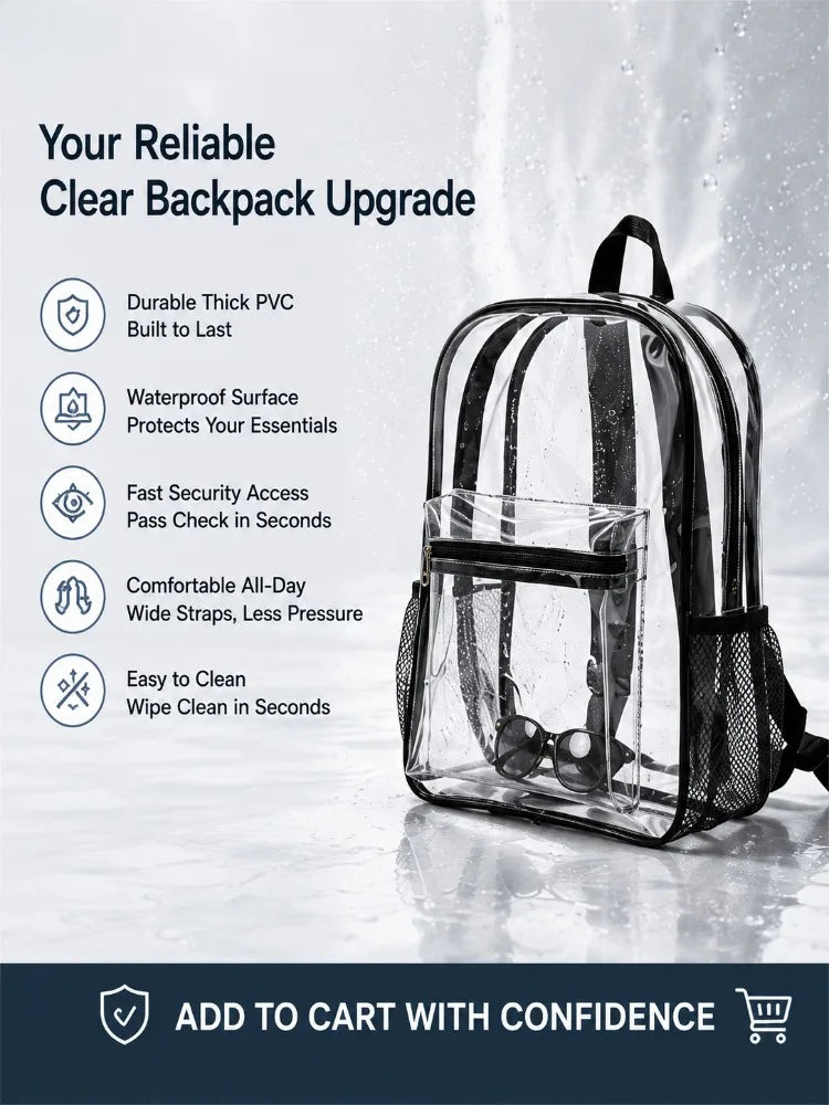 A clear transparent PVC backpack with mesh pockets and black straps is shown on a white surface.