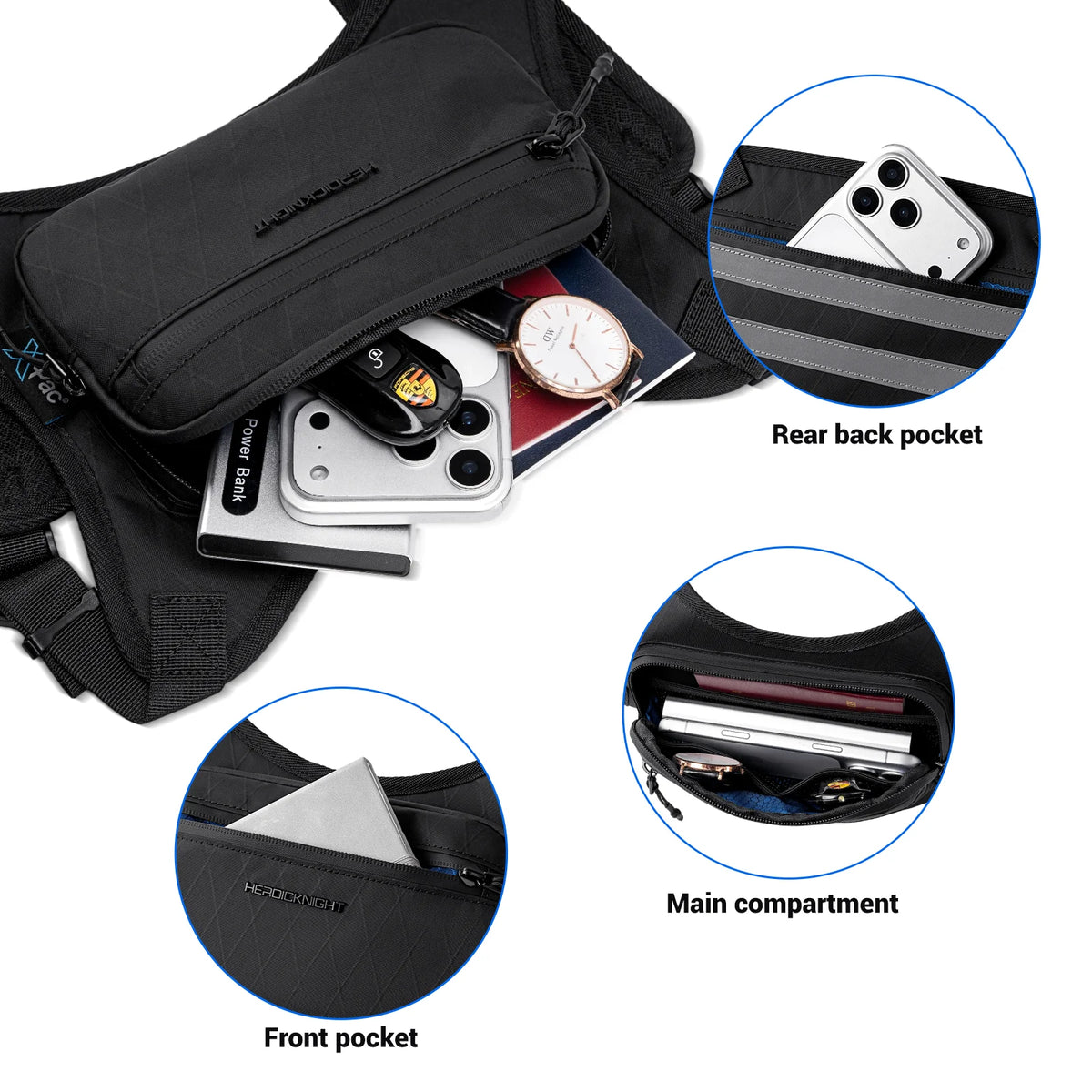 Black waterproof chest pack showing various pockets including a front pocket, main compartment, and rear back pocket