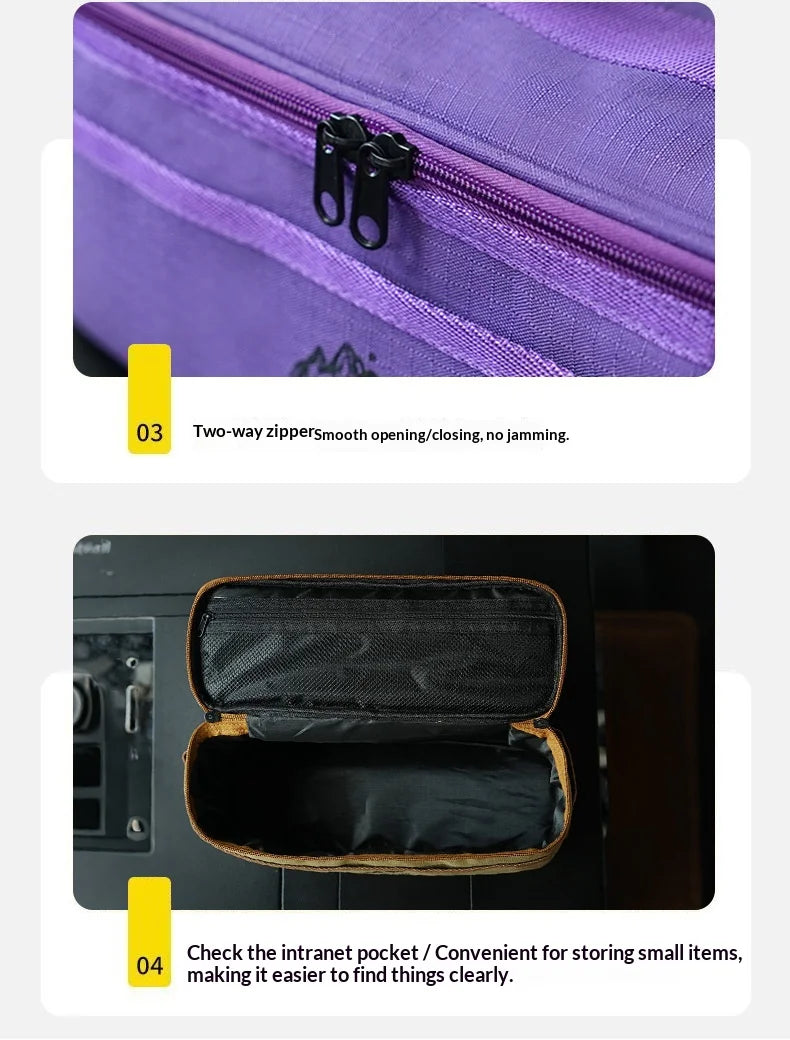 Close-up of a purple zippered pouch and an open dark brown storage box for organizing items.