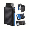 A black leather slim aluminum pop-up card holder with multiple slots and an RFID blocking feature.