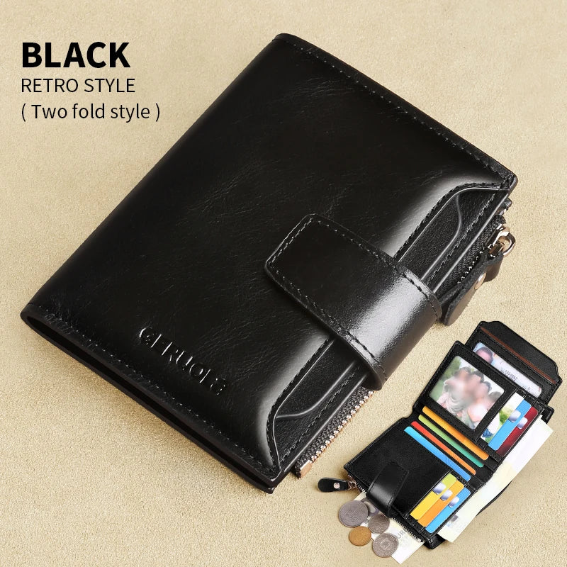 Black retro style two fold leather wallet shown open with cards and coins