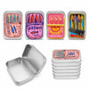 A set of portable metal storage boxes featuring colorful sardine prints for food or craft supplies.