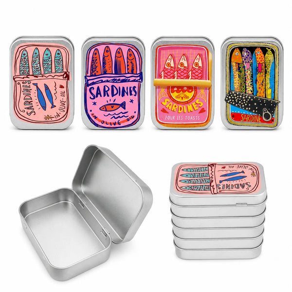 Un juego de cajas de almacenamiento metálicas portátiles con estampados coloridos de sardinas para alimentos o materiales de 
