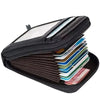 A black slim leather wallet with a flap open, showing several cards inside.