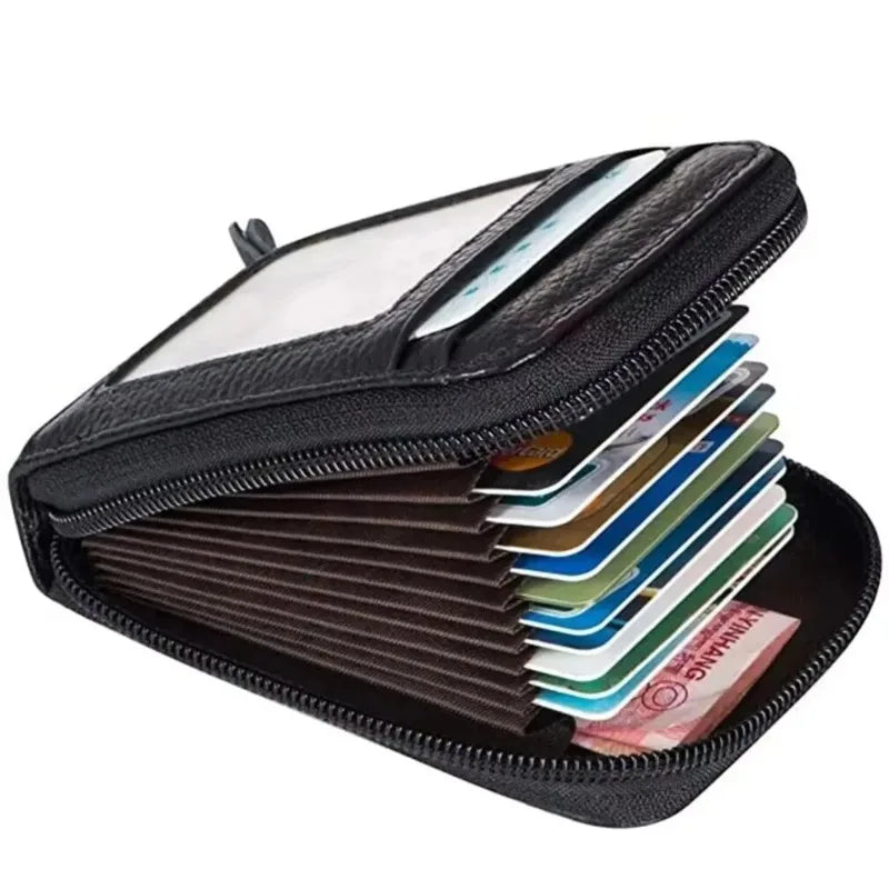 A black slim leather wallet with a flap open, showing several cards inside.